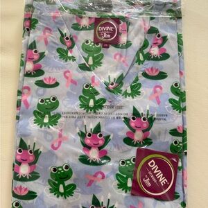 Divine by JDM Frog Print Medical Scrub Top - Light Blue with Green & Pink
